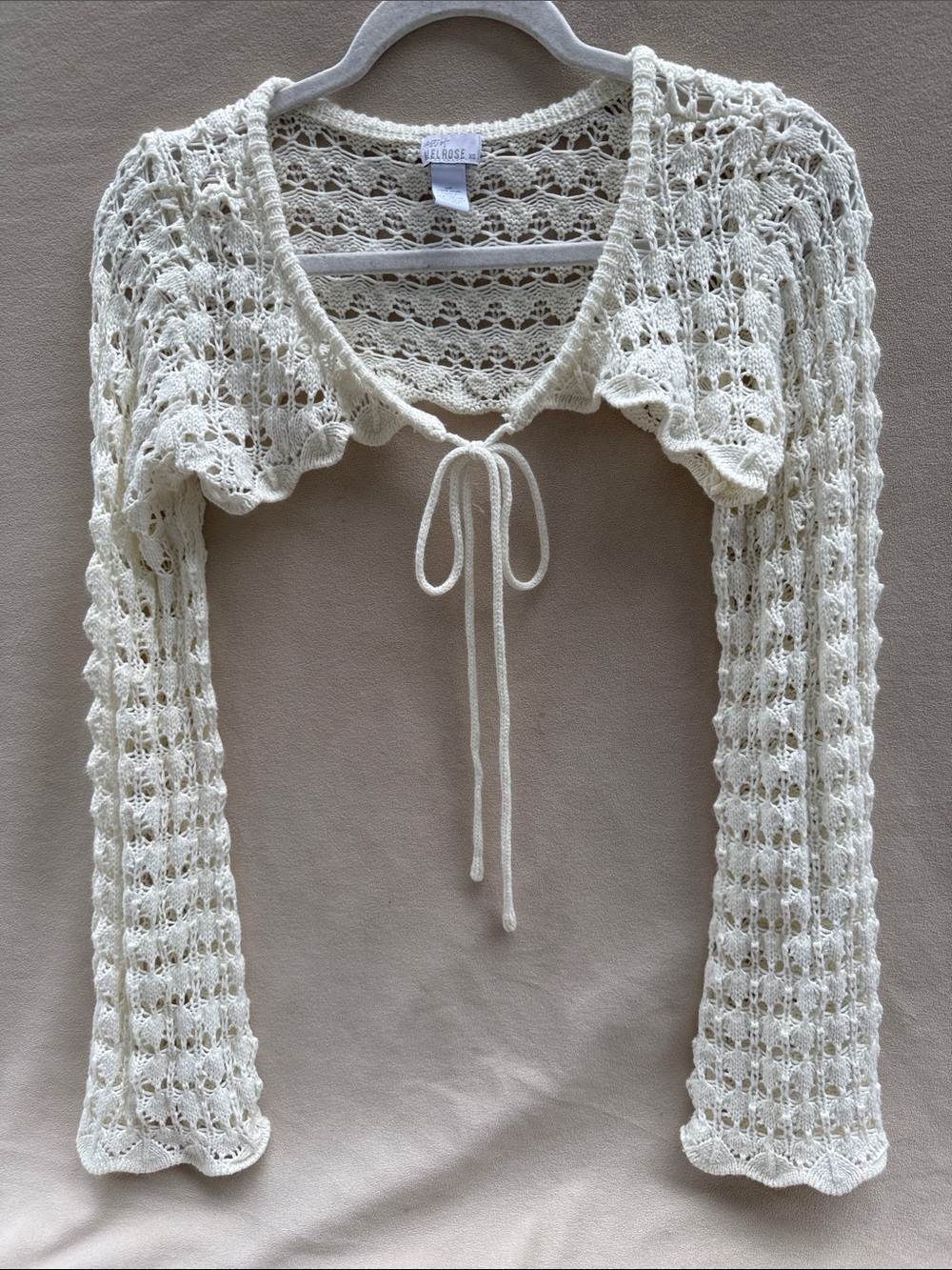 West of Meltose Cream/Off White Whimsical Crochet Tie-Front Bolero Shrug